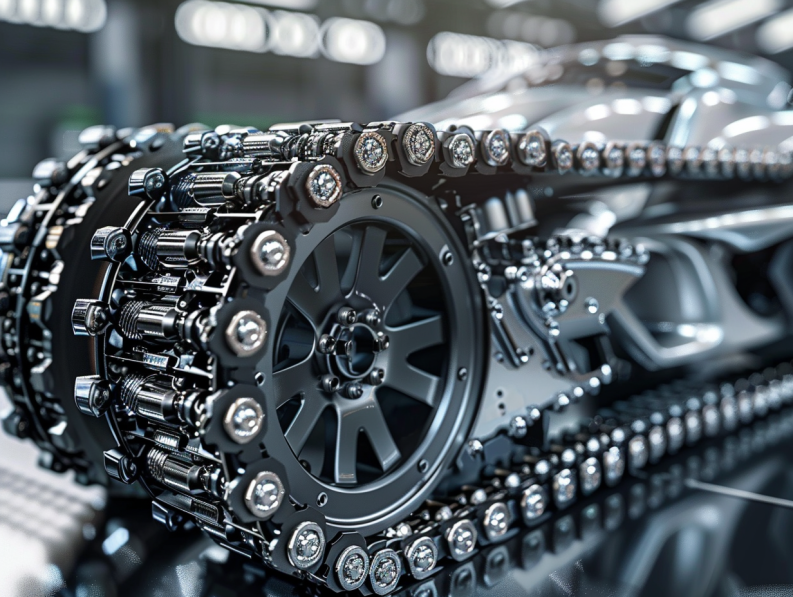 Automotive assembly line with roller chains in use