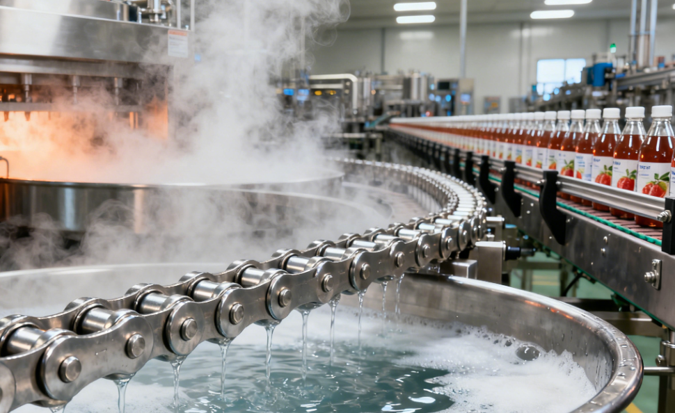 Industrial roller chain on a conveyor production line