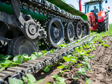 Agricultural machinery equipped with roller chains in a field