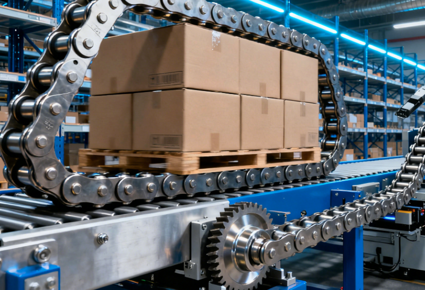 Heavy-duty conveyor roller chain transporting palletized goods in a warehouse logistics system