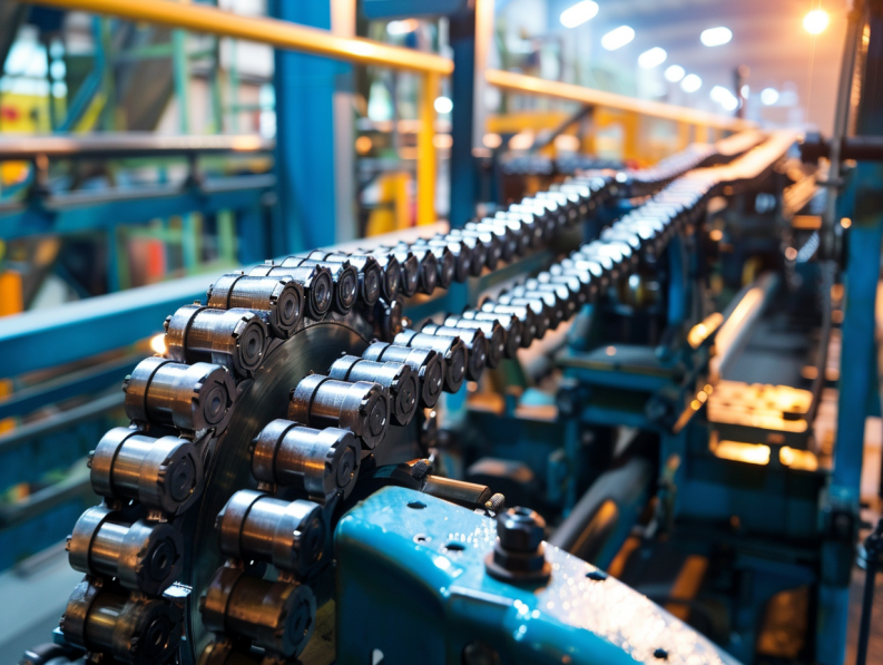 Heavy machinery in a manufacturing plant using roller chains