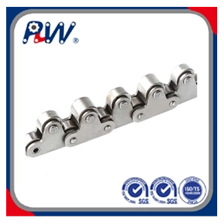 Double-pitch conveyor chain with oversized rollers engaging a sprocket